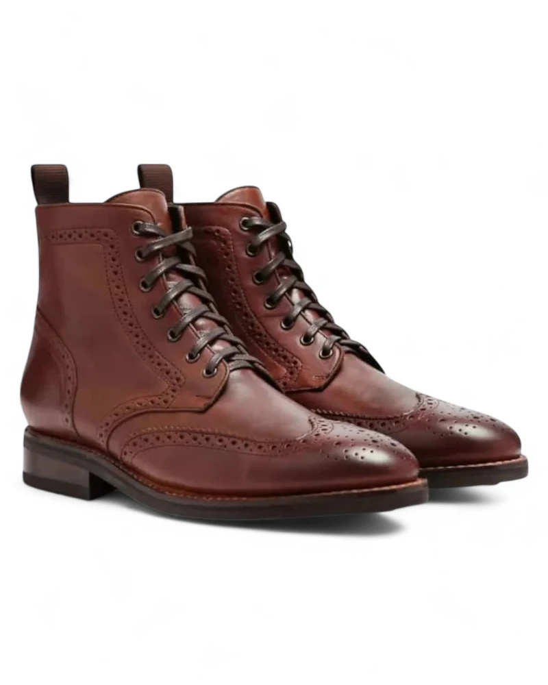 Men's Brown Handmade Wing Tip Brogue Boots – Lace-up Leather Design