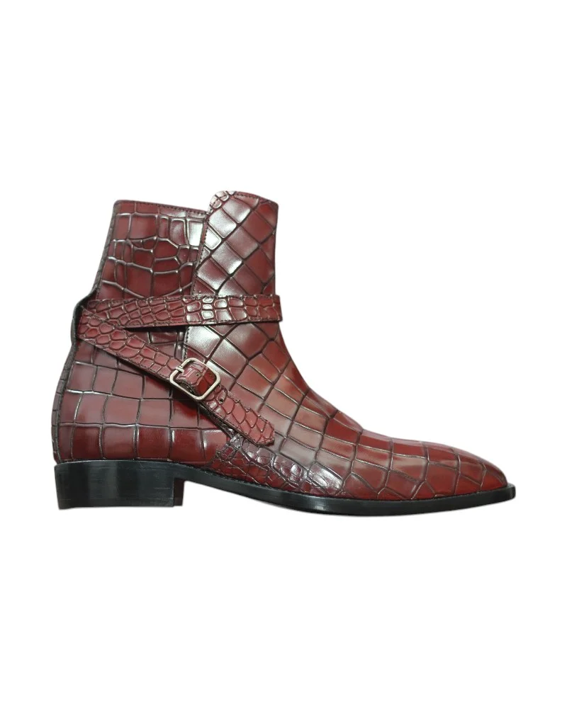 Handcrafted Burgundy Alligator Texture Men's Jodhpur Boots by Leather Edges, showcasing a striking alligator-textured upper and elegant design.