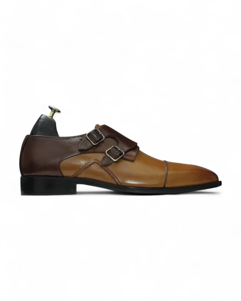 Stylish Men’s Brown Double Monk Leather Cap Toe Shoes