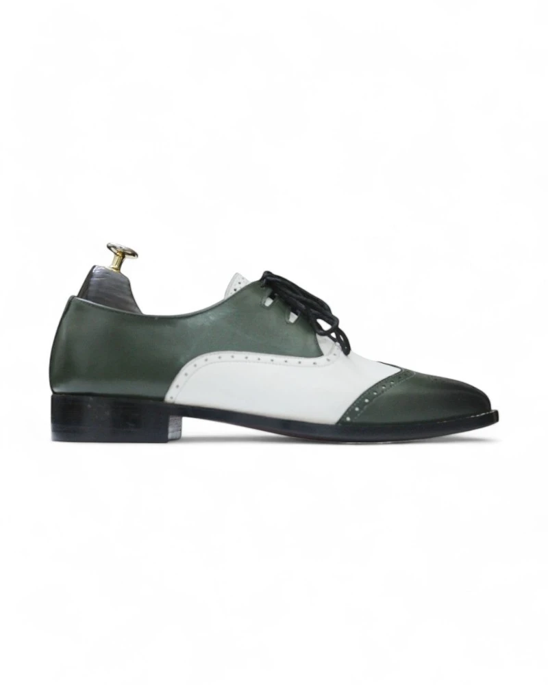 Premium Green & White Leather Derby Shoes for Men - Lace-Up Style