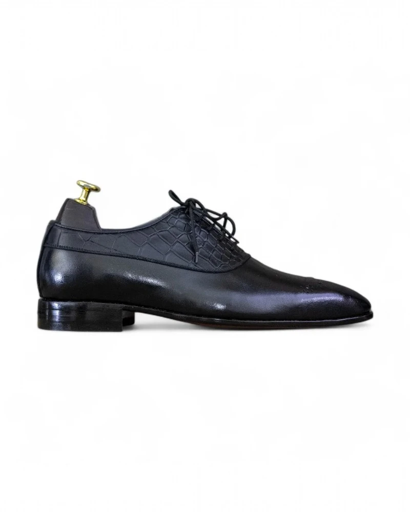 Handmade Black Alligator Whole Cut Leather Dress Shoes - Side View