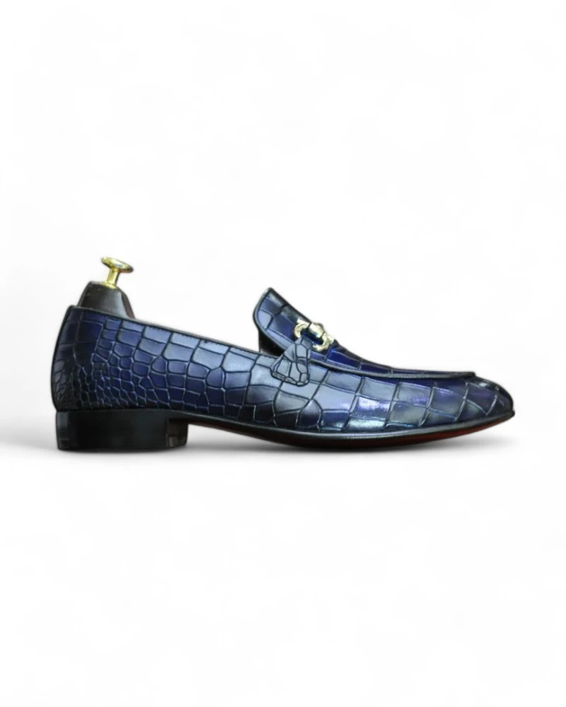 Men's Blue Alligator Print Loafer Shoes – Handmade with Horse Bit Detail for a Classic Look