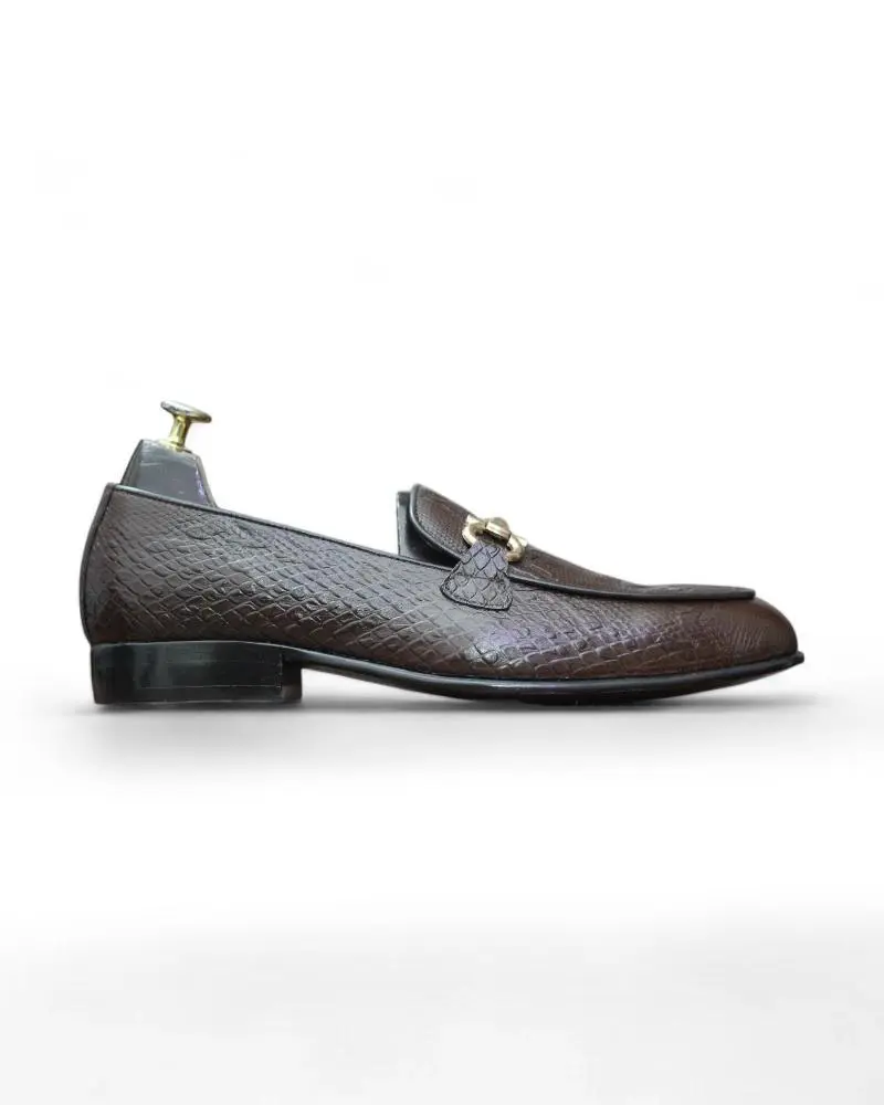 Men's Brown Anaconda Snake Print Penny Loafers by Leather Edges with horse bit detailing, showcasing a bold and luxurious design.