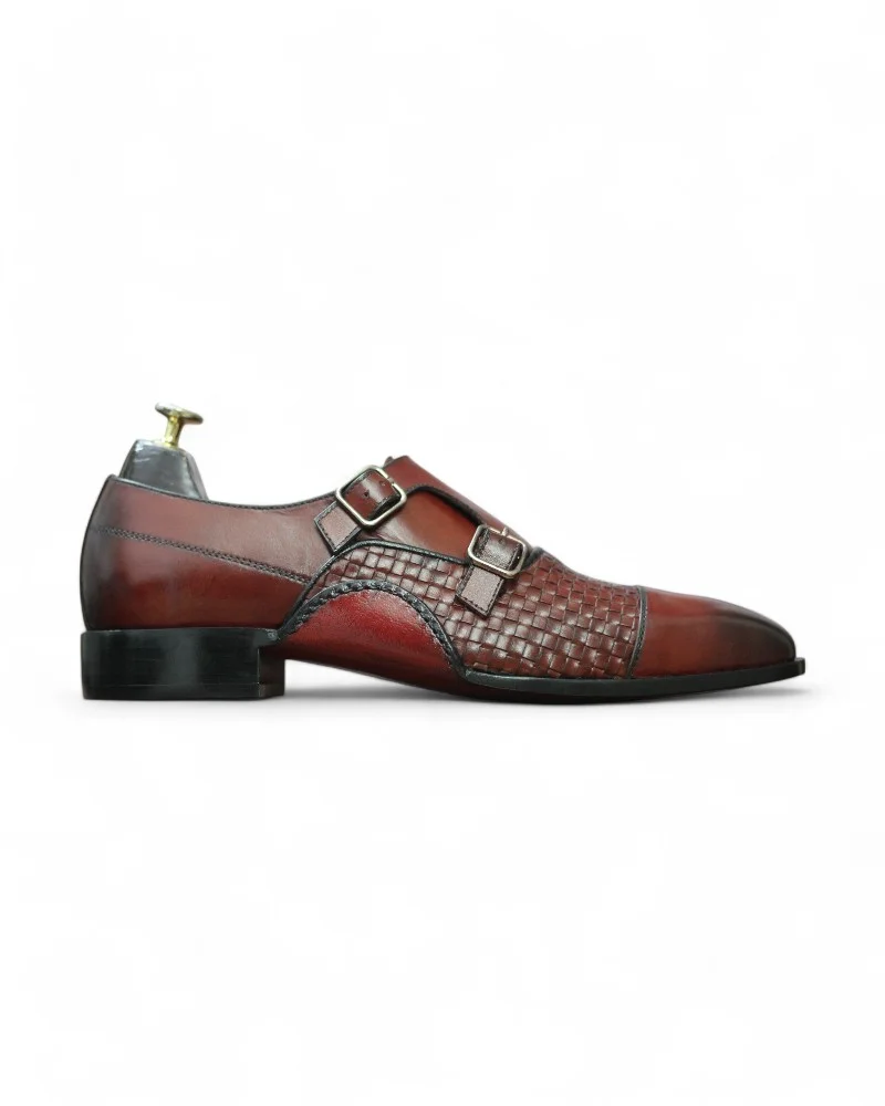 Men's Burgundy Double Monk Woven Leather Shoes by Leather Edges, showcasing a handwoven genuine leather upper and classic double monk straps.