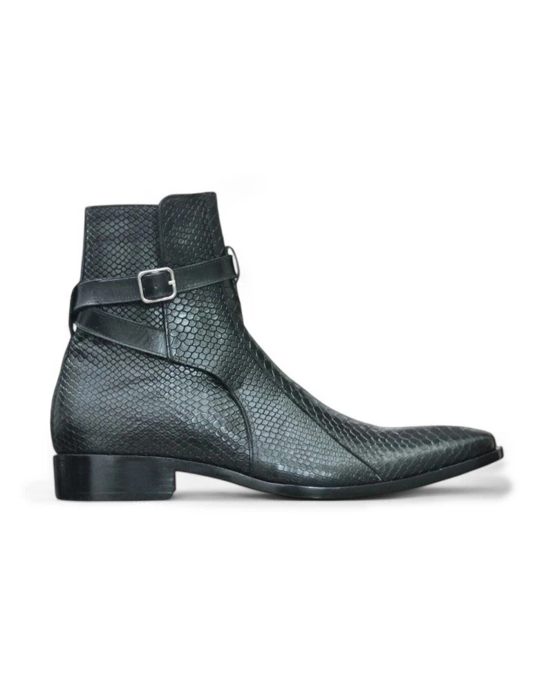 Men’s Handmade Black Python Texture Leather Jodhpur Boots with Buckle Strap