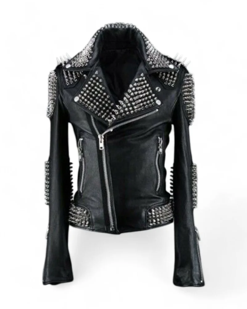 Front view of black leather jacket with silver spikes and studs