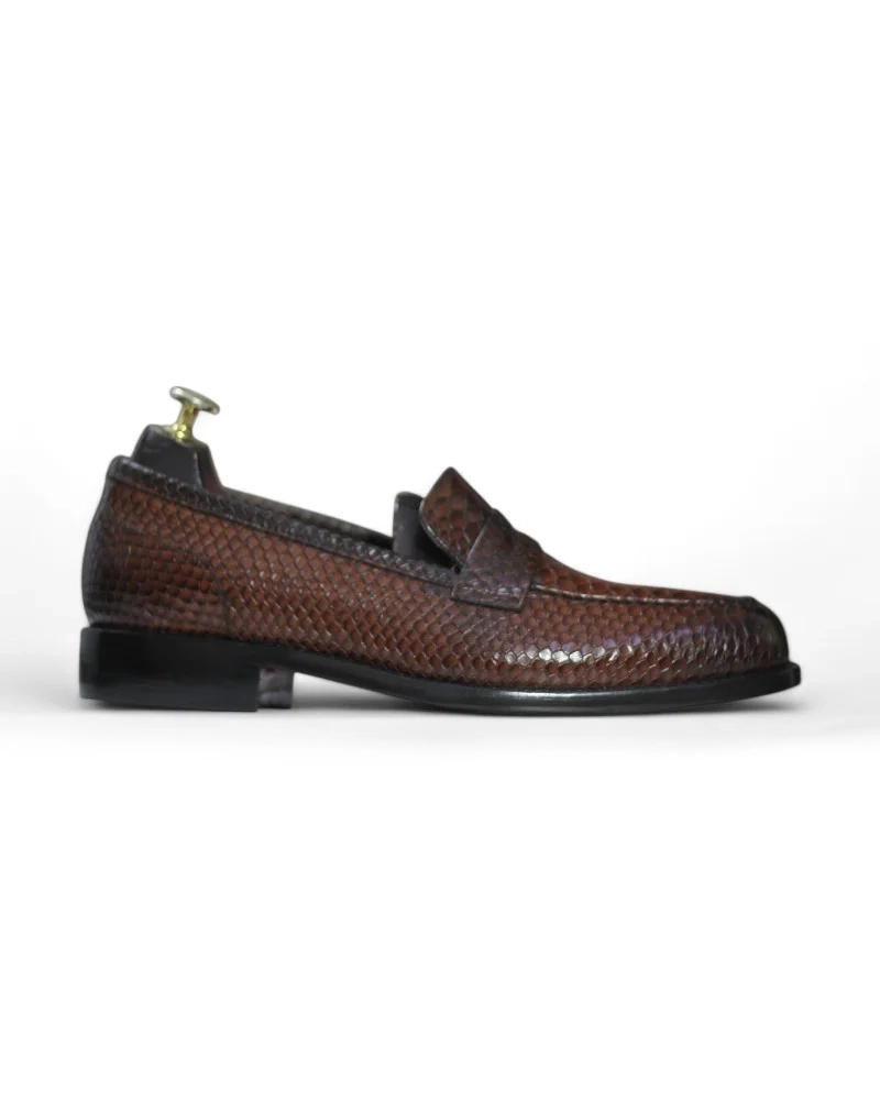 Men’s Brown Python Leather Tuxedo Loafers - Front View"