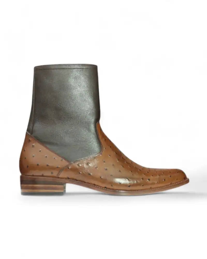 Men's Two-Tone Ostrich Leather Ankle Zipper Boots – Front View