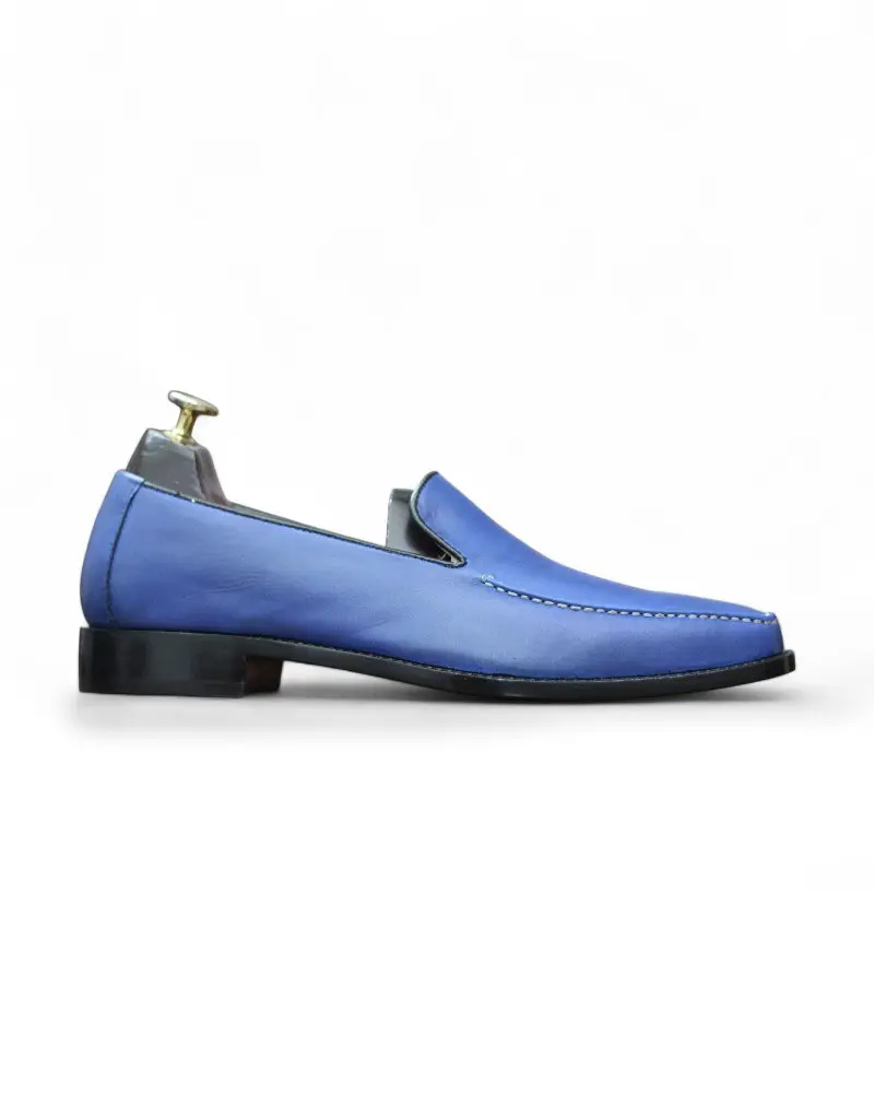 Handmade Designer Blue Penny Loafer Leather Shoes by Leather Edges – Front Angle View