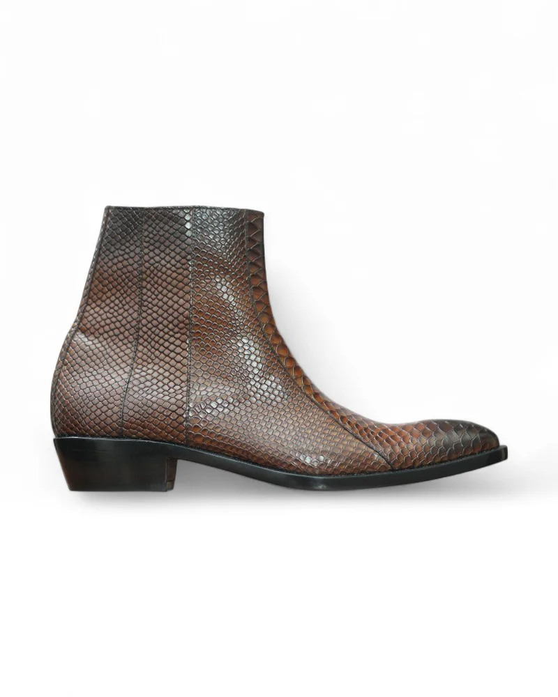 Men's Python Texture Brown Ankle Zipper Boots showcasing detailed texture